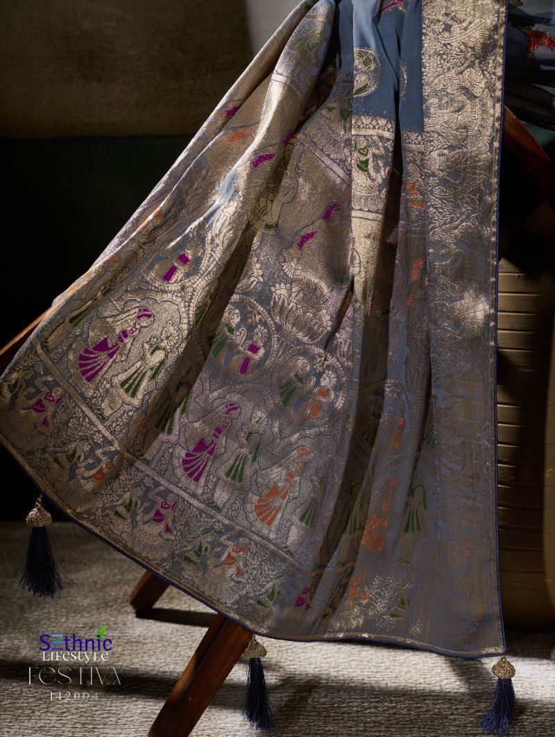 Sethnic Festiva Khadi Georgette Hand Dyed Meenakari Work Saree Collection — Festival Sarees, Sethnic wholesale from Surat — view 6