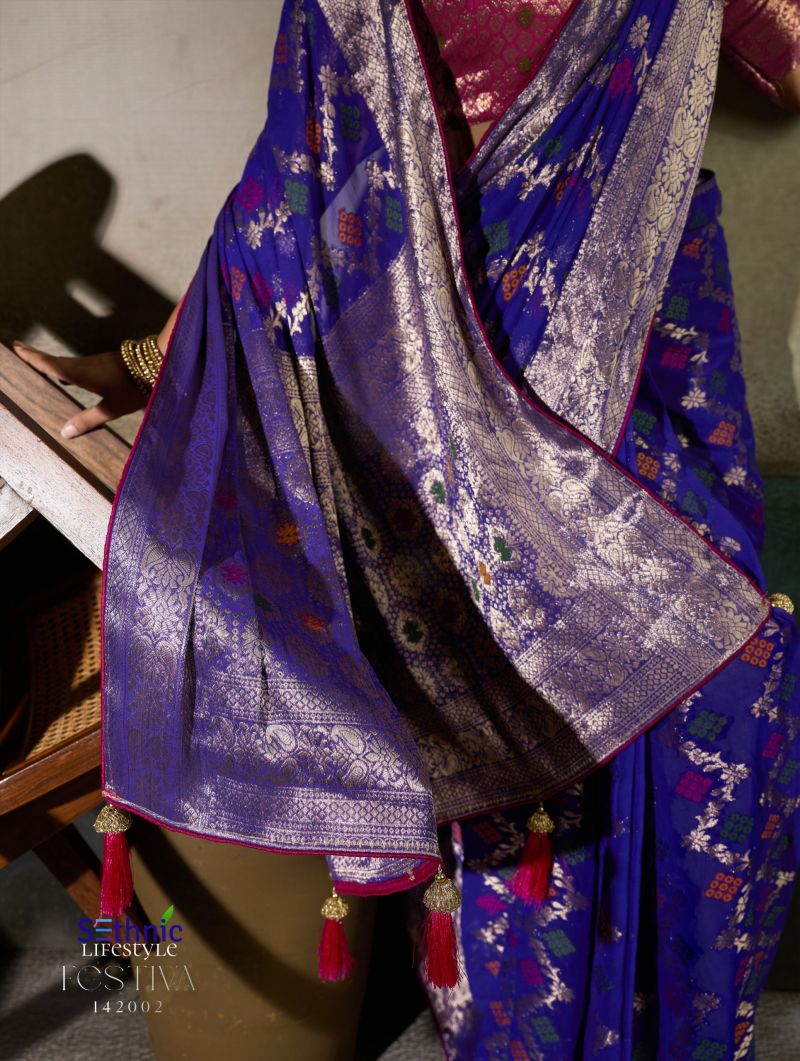 Sethnic Festiva Khadi Georgette Hand Dyed Meenakari Work Saree Collection — Festival Sarees, Sethnic wholesale from Surat — view 4