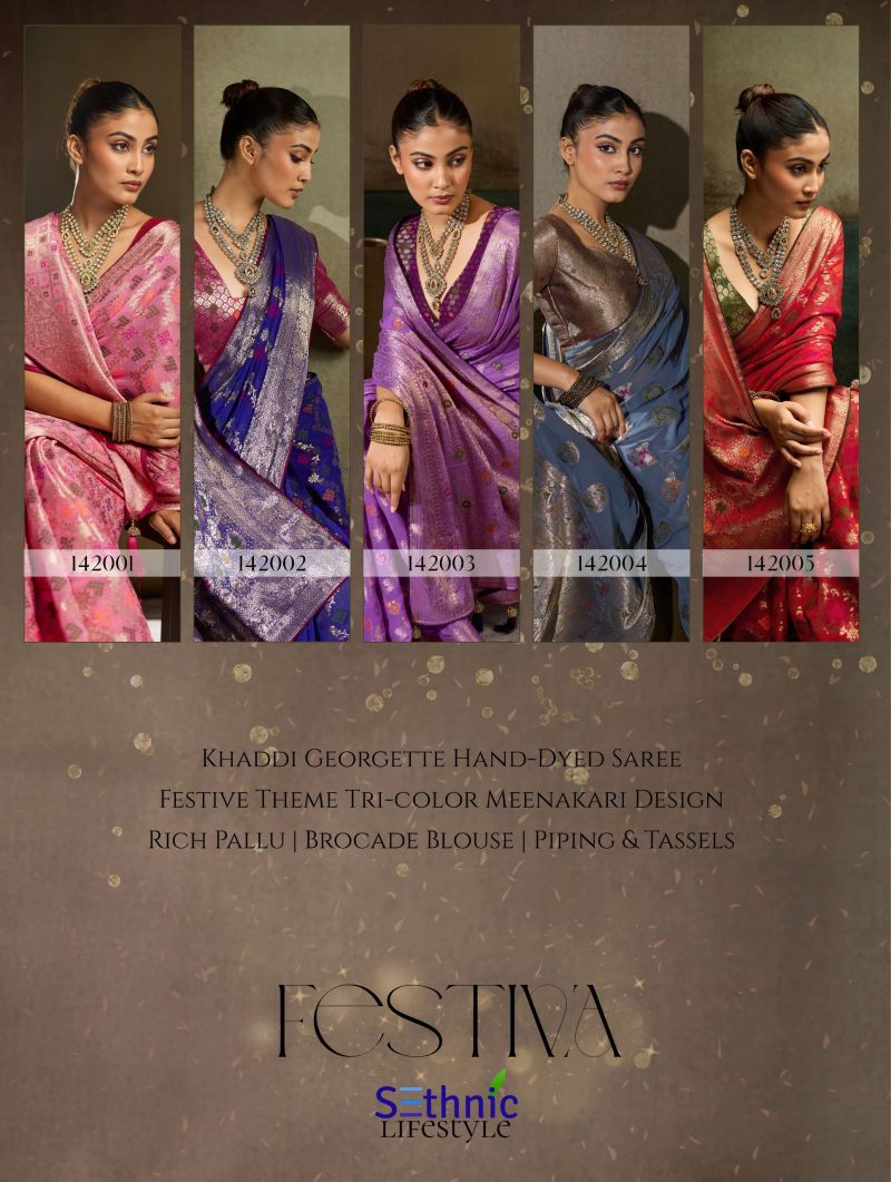 Sethnic Festiva Khadi Georgette Hand Dyed Meenakari Work Saree Collection — Festival Sarees, Sethnic wholesale from Surat — view 2