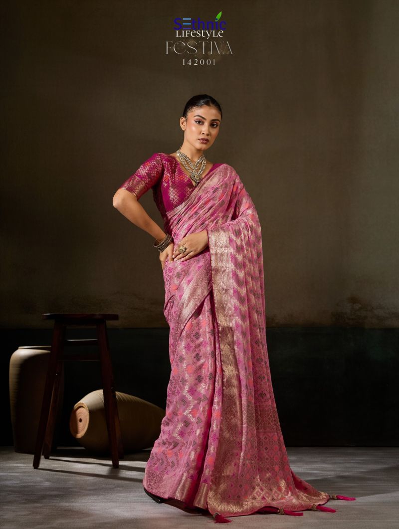 Sethnic Festiva Khadi Georgette Hand Dyed Meenakari Work Saree Collection