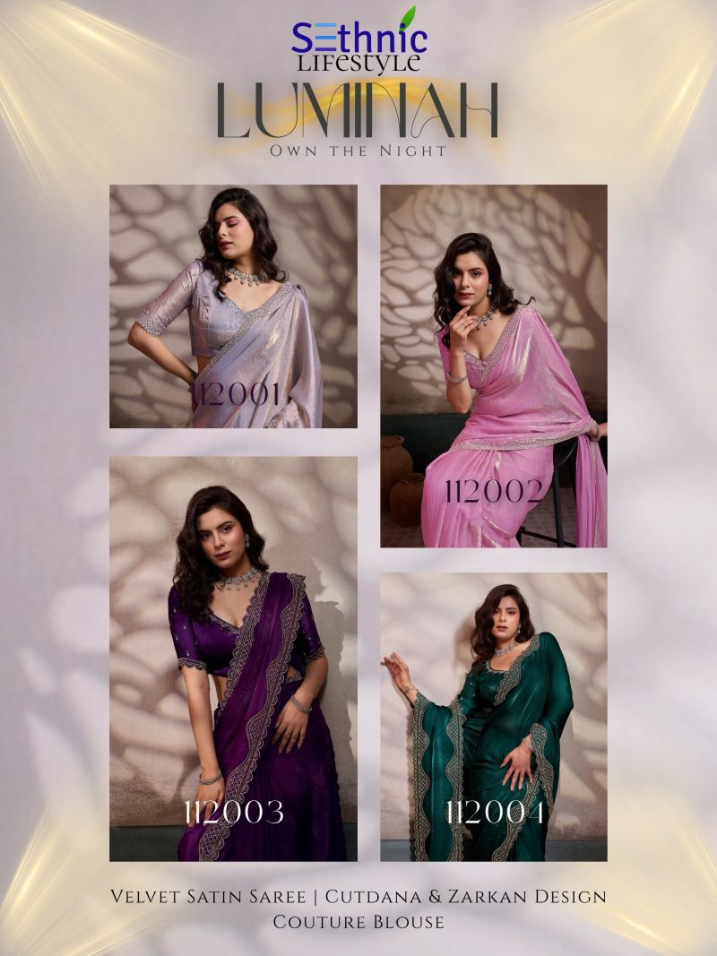 Sethnic Luminah Velvet Satin With Zarkan Border Party Wear Saree Catalog — Designer Partywear Sarees, Sethnic wholesale from Surat — Photo 6
