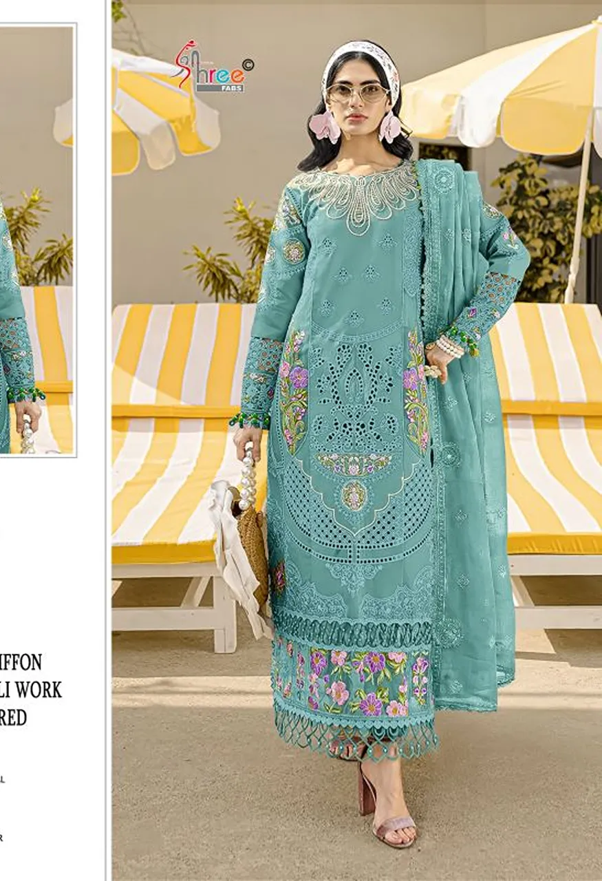 Shree Sf 5624 A To D Chiffon Heavy Embroidered Salwar Kameez Catalog — Wholesale Salwar Suits, Vardan Ethnic wholesale from Surat — view 3