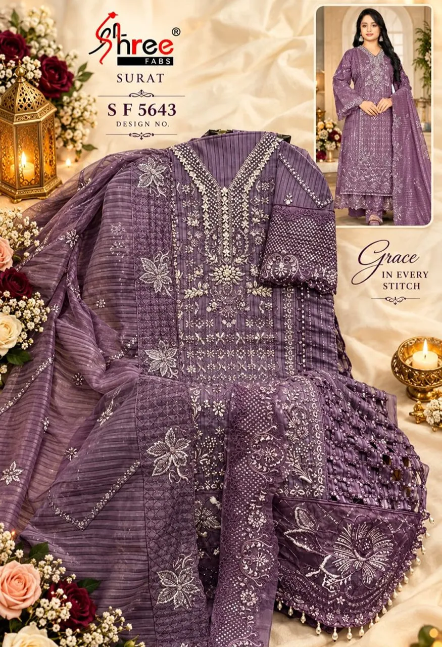 Shree Sf 5643 A To D Organza Heavy Embroidered Salwar Kameez Catalog — Wholesale Salwar Suits, Shree Fabs wholesale from Surat — Photo 6