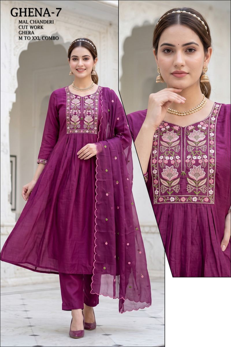 Tlc Vol 175 Mul Chanderi Embroidered Anarkali Kurti With Bottom Dupatta Collection — Wholesale Kurtis, Vardan Ethnic wholesale from Surat — Photo 4