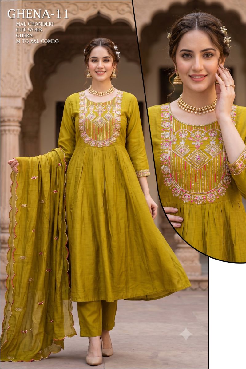 Tlc Vol 175 Mul Chanderi Embroidered Anarkali Kurti With Bottom Dupatta Collection