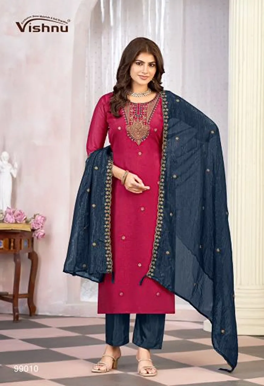 Vishnu Kaseeda Crunchy Silk Embroidered Designer Dress Material Collection