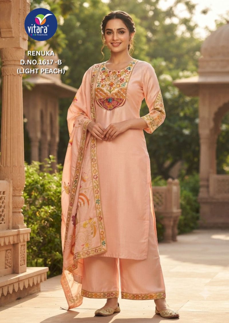 Vitara Renuka Chinon Satin Embroidered Kurti With Bottom Dupatta Catalog — Wholesale Kurtis, Vitara Fashion wholesale from Surat — Photo 3