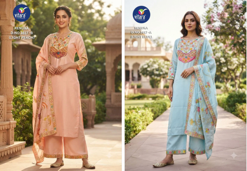 Vitara Renuka Chinon Satin Embroidered Kurti With Bottom Dupatta Catalog — Wholesale Kurtis, Vitara Fashion wholesale from Surat — Photo 2