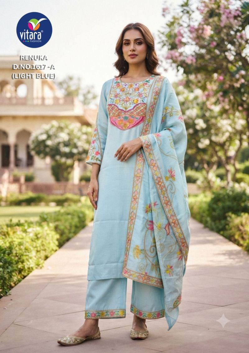 Vitara Renuka Chinon Satin Embroidered Kurti With Bottom Dupatta Catalog