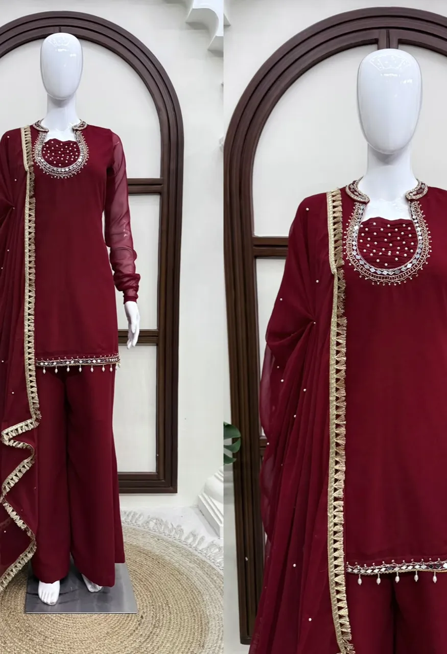 KD 1646 Faux Georgette Hand Work Top Plazoo Dupatta Designer Suit Set — Wholesale Kurtis, Vardan Ethnic wholesale from Surat — view 2