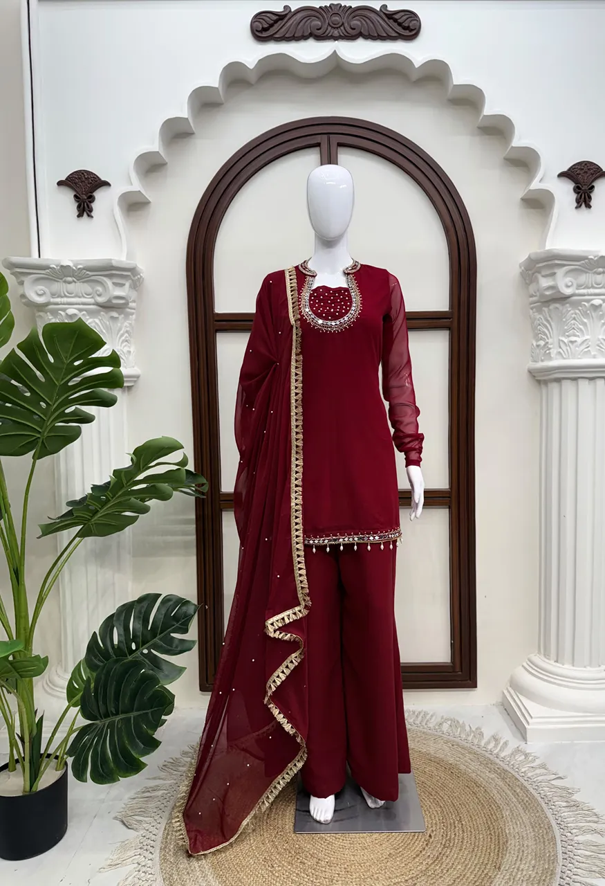 KD 1646 Faux Georgette Hand Work Top Plazoo Dupatta Designer Suit Set — Wholesale Kurtis, Vardan Ethnic wholesale from Surat — view 3