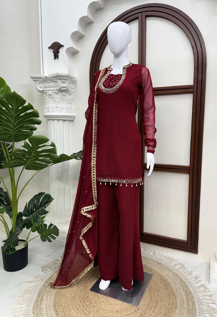 KD 1646 Faux Georgette Hand Work Top Plazoo Dupatta Designer Suit Set — Wholesale Kurtis, Vardan Ethnic wholesale from Surat — view 4