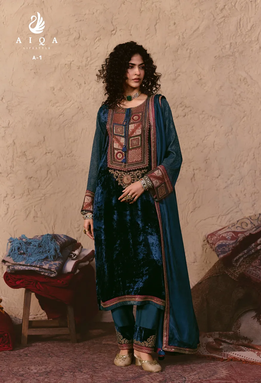 Aiqa Nooren Designer Dress Material Pure Viscose Velvet Silk Dupatta Set — Wholesale Salwar Suits, Aiqa wholesale from Surat — Photo 4