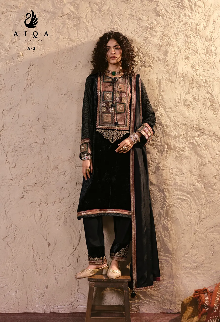 Aiqa Nooren Designer Dress Material Pure Viscose Velvet Silk Dupatta Set — Wholesale Salwar Suits, Aiqa wholesale from Surat — Photo 3