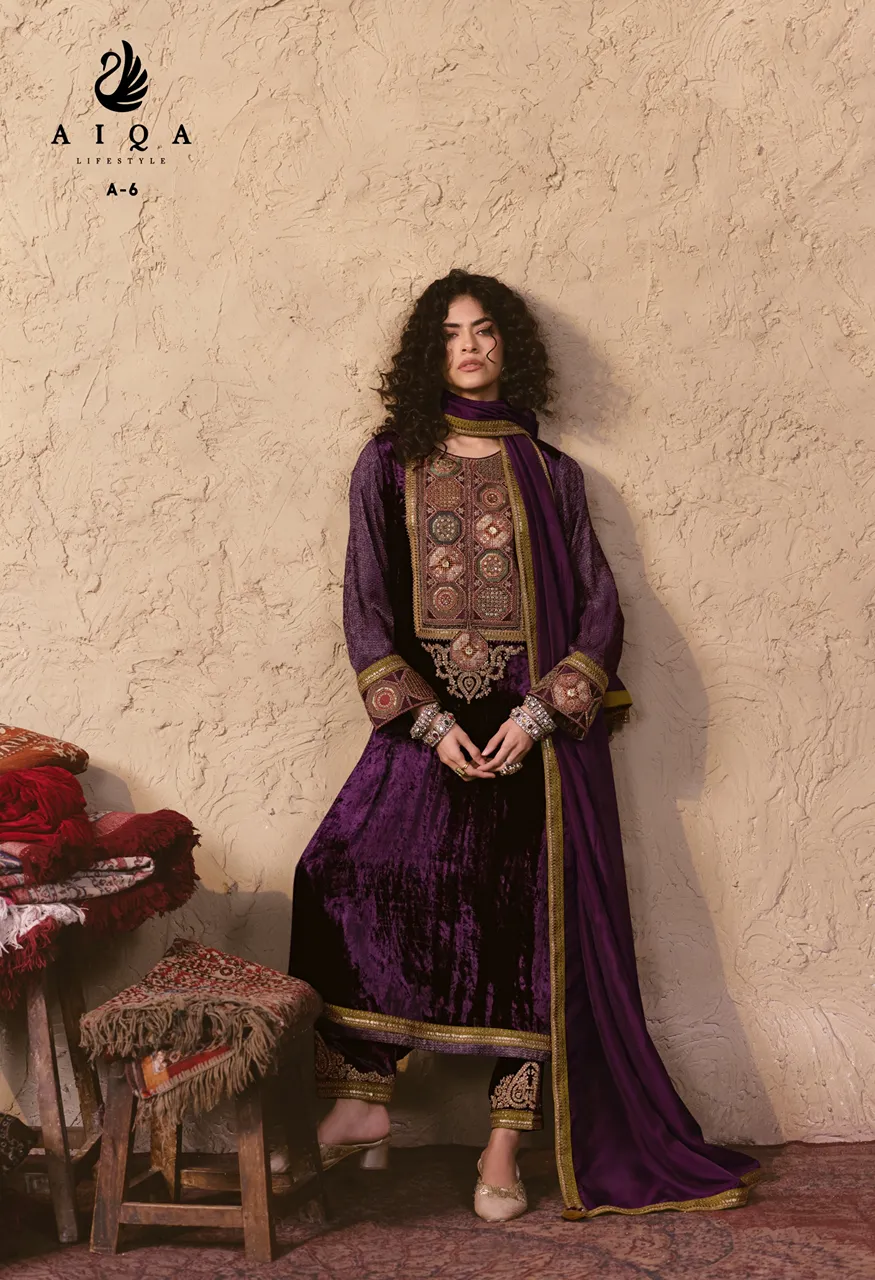 Aiqa Nooren Designer Dress Material Pure Viscose Velvet Silk Dupatta Set — Wholesale Salwar Suits, Aiqa wholesale from Surat — Photo 6