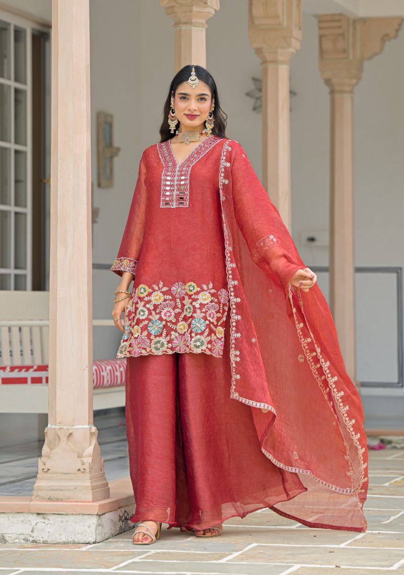Zaveri D 50134 Red Readymade Crush Satin Beats Work Designer Salwar Suit Collection
