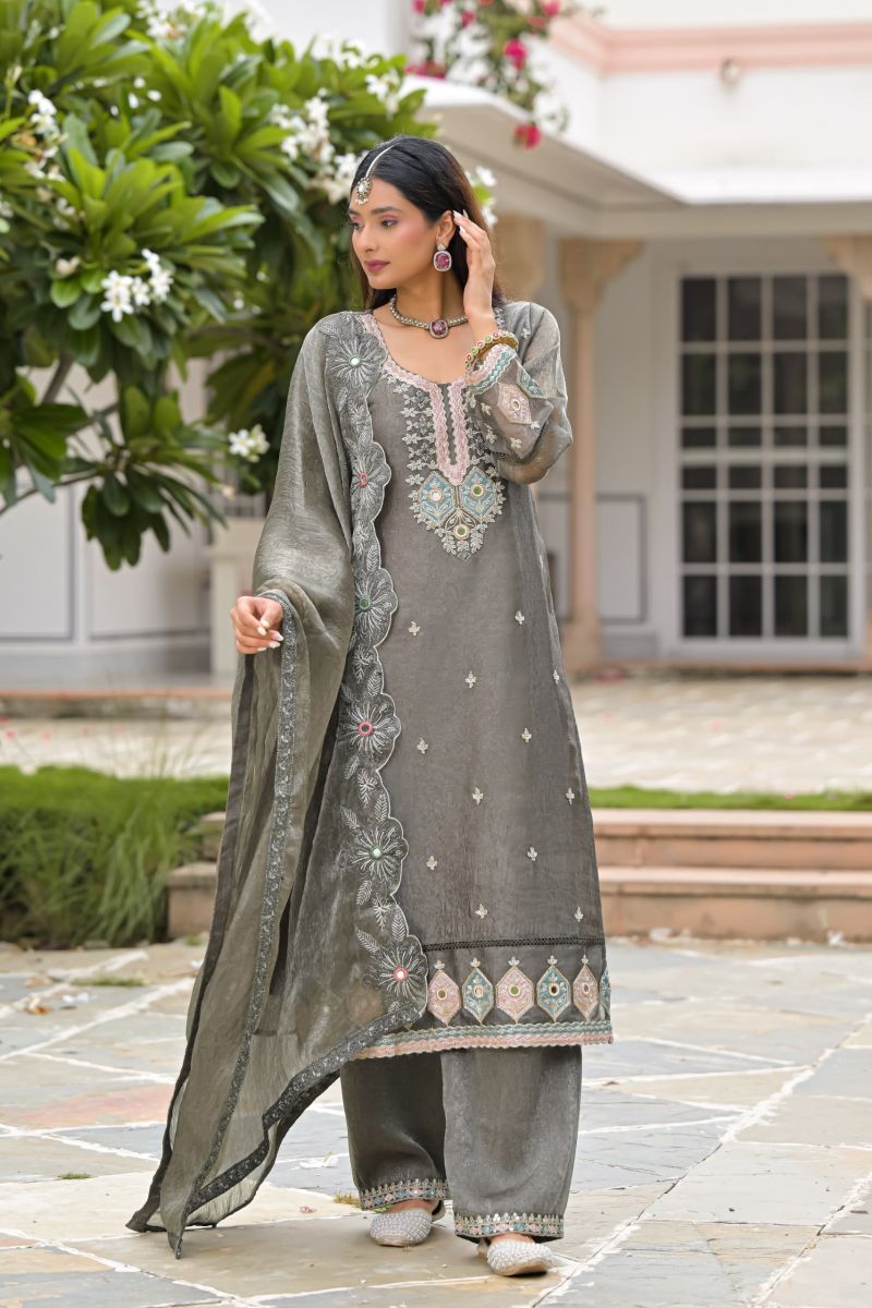 Zaveri D 50135 Grey Crush Satin Beats Work Designer Salwar Kameez Catalog