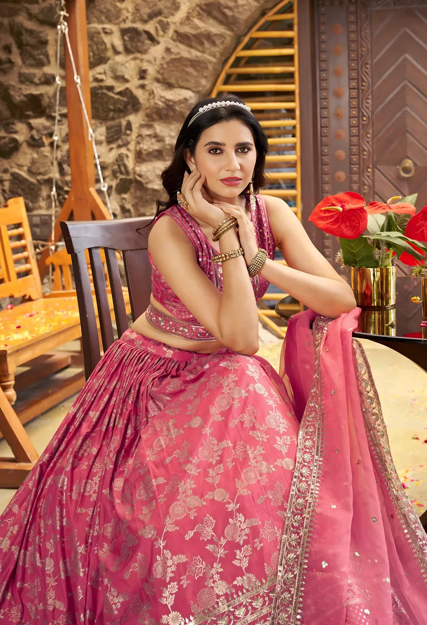 Peach Shimmer Garden zari & sequin embroidery Lehenga Choli Set