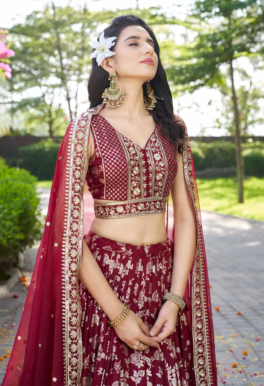 Maroon Garden Royal Sequin Embroidery with Floral Lehenga Choli Set