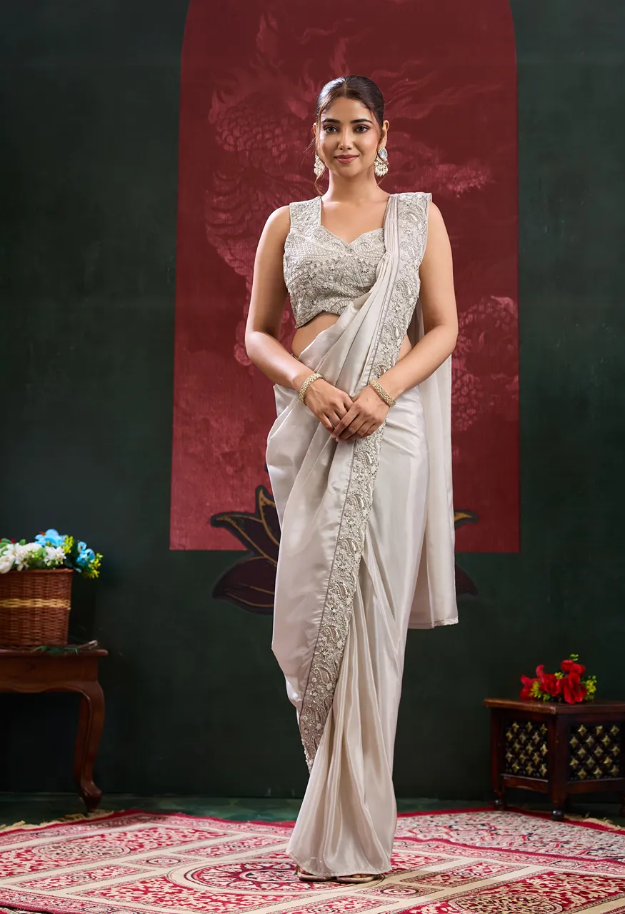 A536 Chinnon Ready to Wear Saree with Beads Embroidery Work Blouse — Singles, Vardan Ethnic wholesale from Surat — view 2