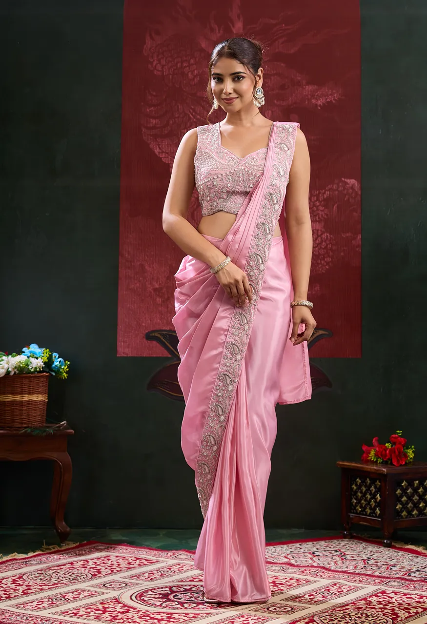 A536 Chinnon Ready to Wear Saree with Beads Embroidery Work Blouse
