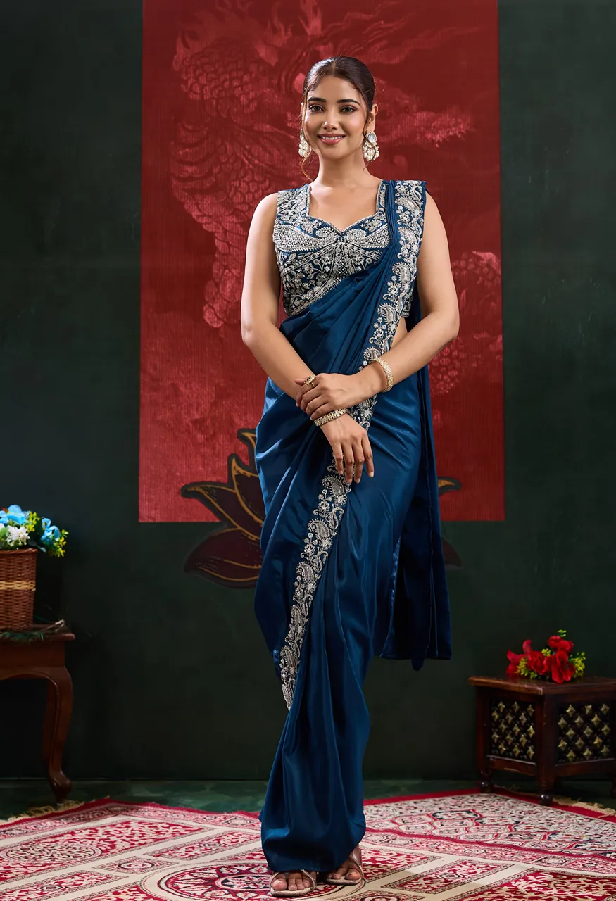 A536 Chinnon Ready to Wear Saree with Beads Embroidery Work Blouse — Singles, Vardan Ethnic wholesale from Surat — view 3