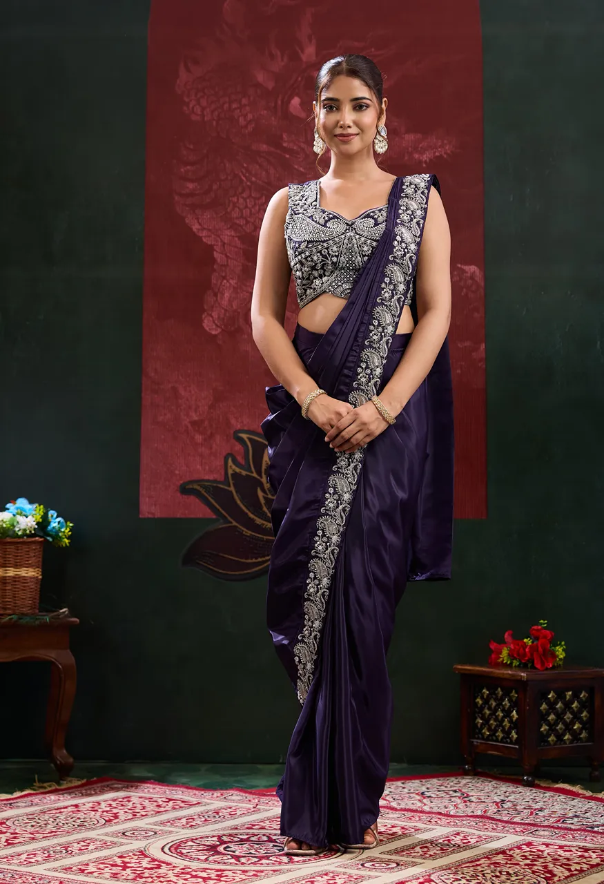 A536 Chinnon Ready to Wear Saree with Beads Embroidery Work Blouse — Singles, Vardan Ethnic wholesale from Surat — view 4