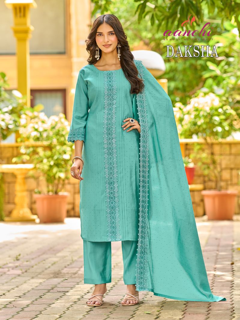 Aanchi Daksha Roman Silk Embroidered Kurti WIth Bottom Dupatta Set — Wholesale Kurtis, Aanchi Kurtis Catalog wholesale from Surat — Photo 2