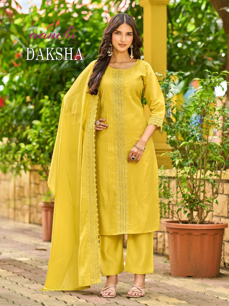 Aanchi Daksha Roman Silk Embroidered Kurti WIth Bottom Dupatta Set — Wholesale Kurtis, Aanchi Kurtis Catalog wholesale from Surat — Photo 3