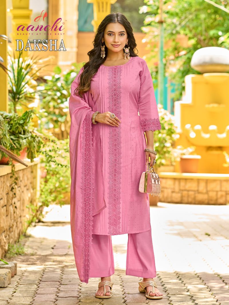 Aanchi Daksha Roman Silk Embroidered Kurti WIth Bottom Dupatta Set — Wholesale Kurtis, Aanchi Kurtis Catalog wholesale from Surat — Photo 4