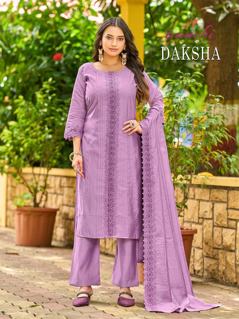 Aanchi Daksha Roman Silk Embroidered Kurti WIth Bottom Dupatta Set