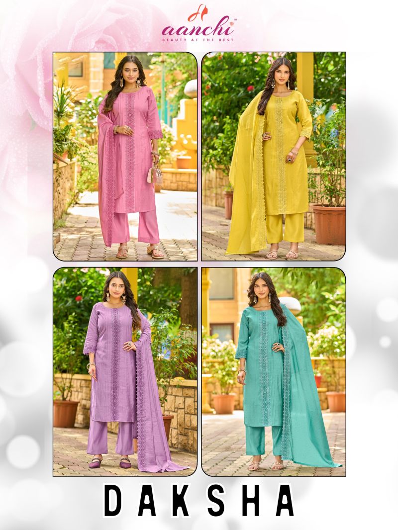 Aanchi Daksha Roman Silk Embroidered Kurti WIth Bottom Dupatta Set — Wholesale Kurtis, Aanchi Kurtis Catalog wholesale from Surat — Photo 5