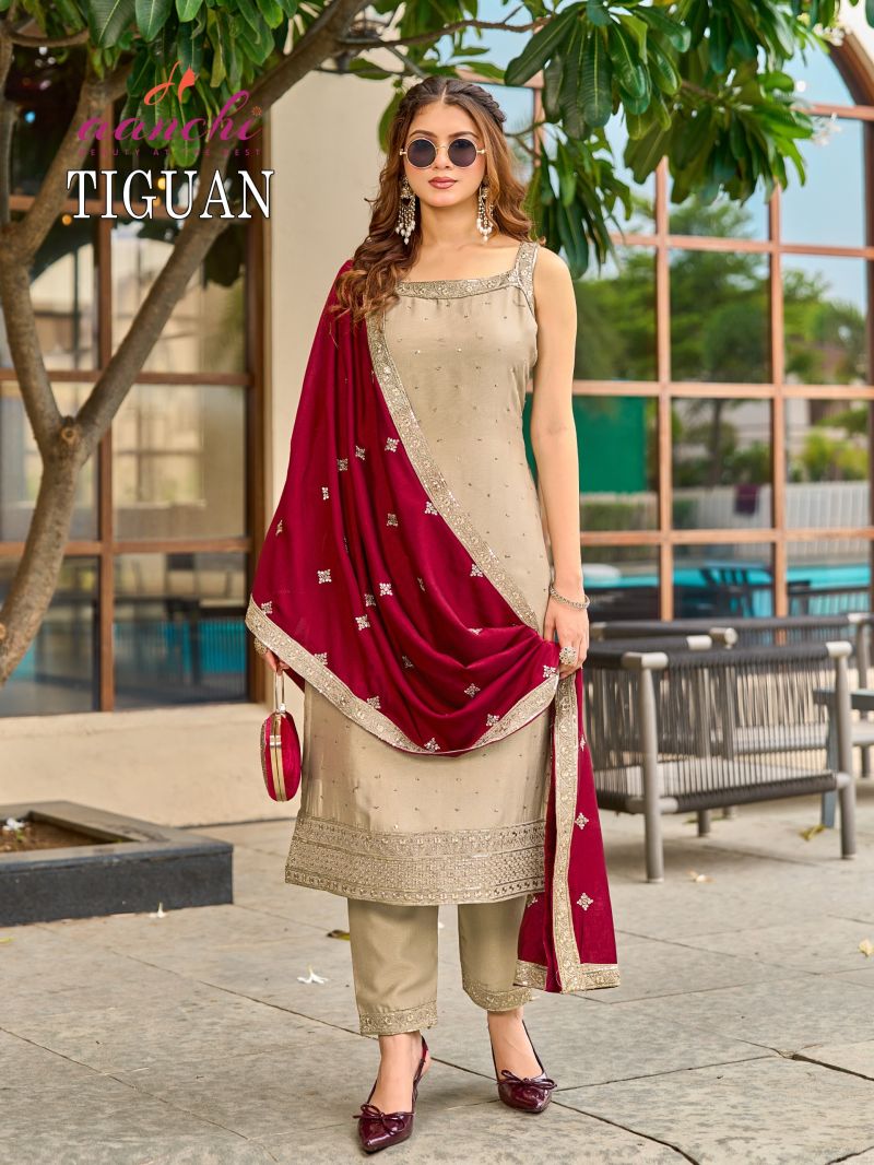Aanchi Tiguan Vichitra Silk Embroidered Kurti With Bottom Dupatta Set