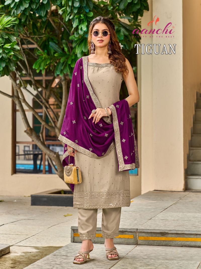 Aanchi Tiguan Vichitra Silk Embroidered Kurti With Bottom Dupatta Set — Wholesale Kurtis, Aanchi Kurtis Catalog wholesale from Surat — Photo 4