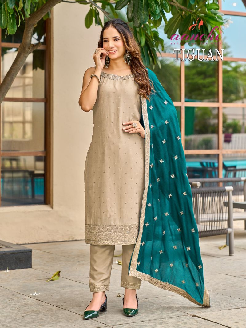 Aanchi Tiguan Vichitra Silk Embroidered Kurti With Bottom Dupatta Set — Wholesale Kurtis, Aanchi Kurtis Catalog wholesale from Surat — Photo 2