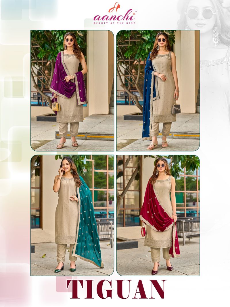 Aanchi Tiguan Vichitra Silk Embroidered Kurti With Bottom Dupatta Set — Wholesale Kurtis, Aanchi Kurtis Catalog wholesale from Surat — Photo 5