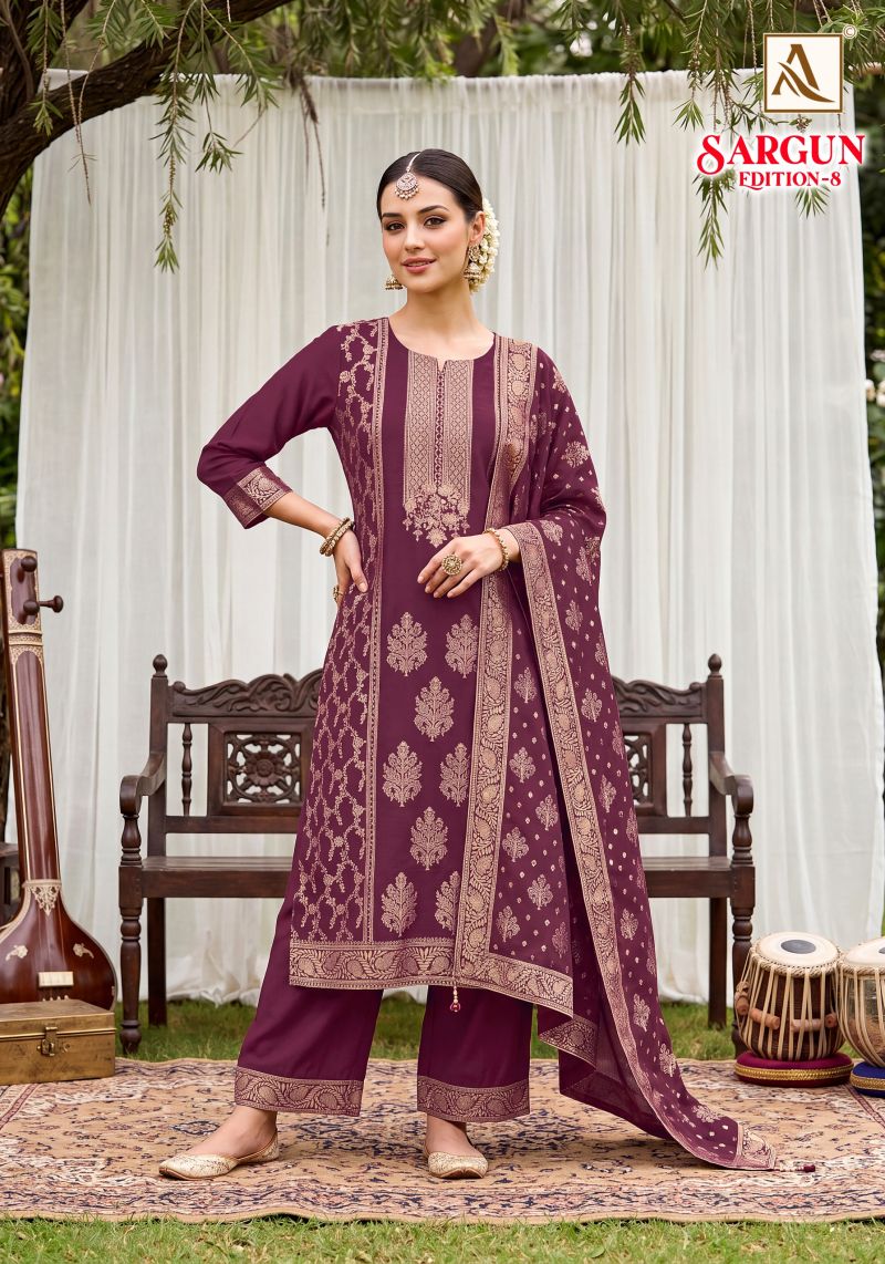 Alok Sargun Edition 8 Viscose Maslin Jacquard Hand Work Dress Material — Wholesale Dress Material, Alok Suits wholesale from Surat — view 2