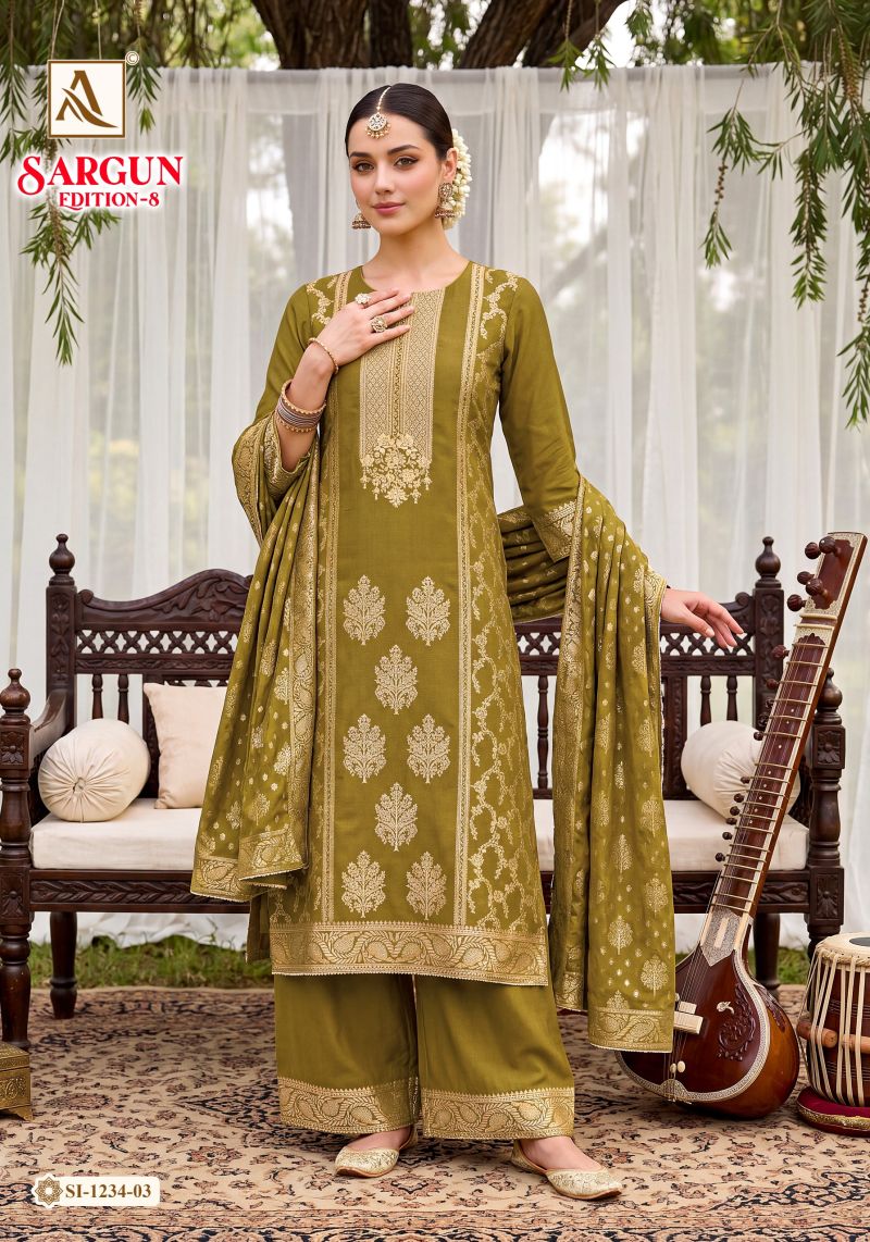Alok Sargun Edition 8 Viscose Maslin Jacquard Hand Work Dress Material — Wholesale Dress Material, Alok Suits wholesale from Surat — view 3