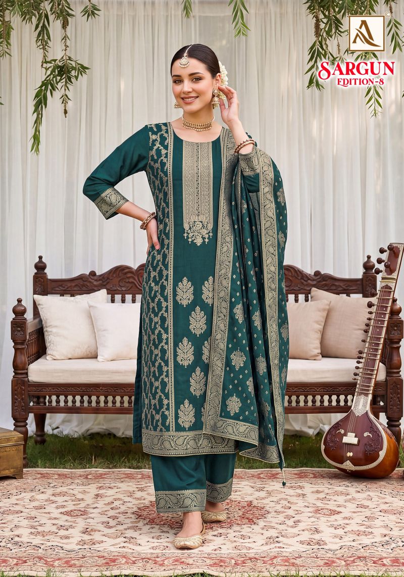 Alok Sargun Edition 8 Viscose Maslin Jacquard Hand Work Dress Material — Wholesale Dress Material, Alok Suits wholesale from Surat — view 4
