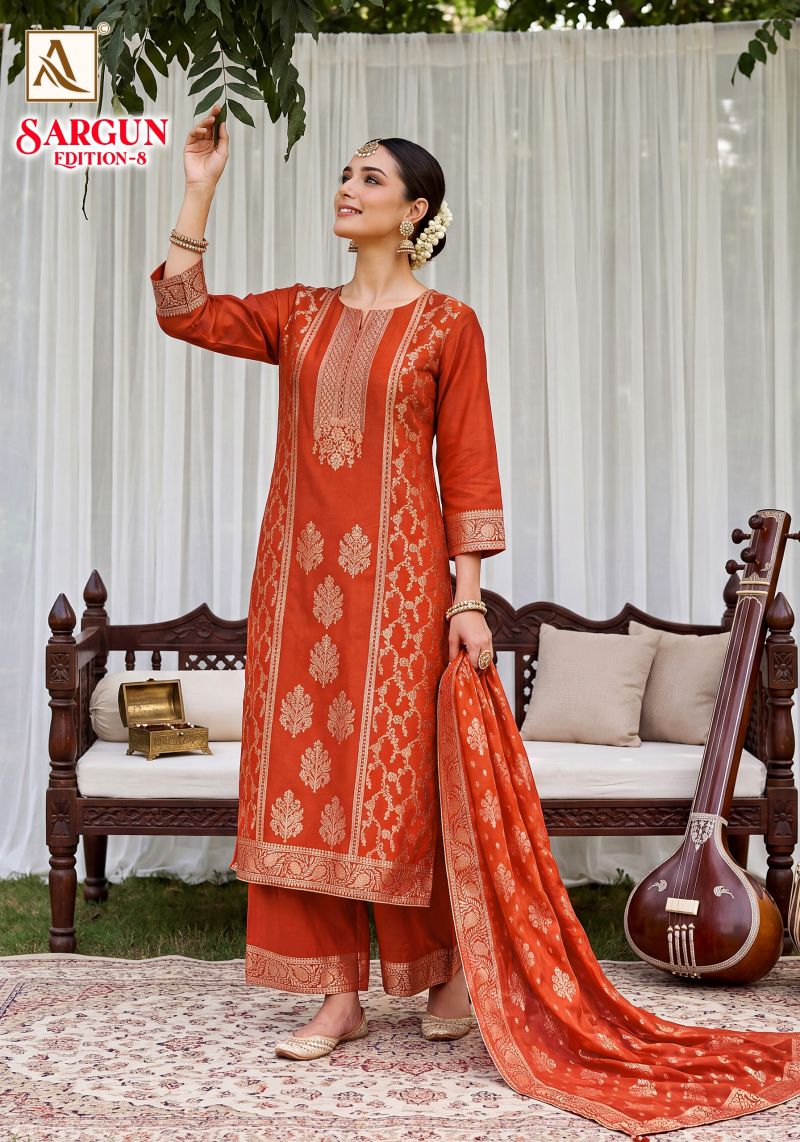 Alok Sargun Edition 8 Viscose Maslin Jacquard Hand Work Dress Material — Wholesale Dress Material, Alok Suits wholesale from Surat — view 5