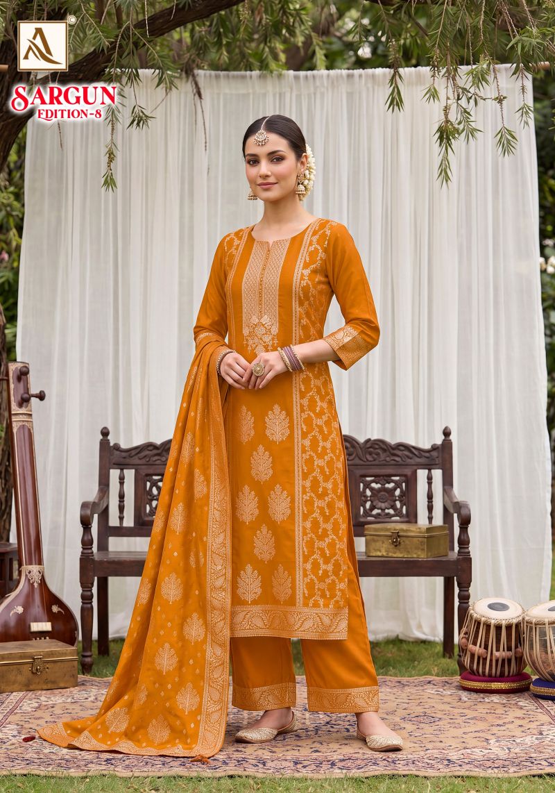 Alok Sargun Edition 8 Viscose Maslin Jacquard Hand Work Dress Material — Wholesale Dress Material, Alok Suits wholesale from Surat — view 6