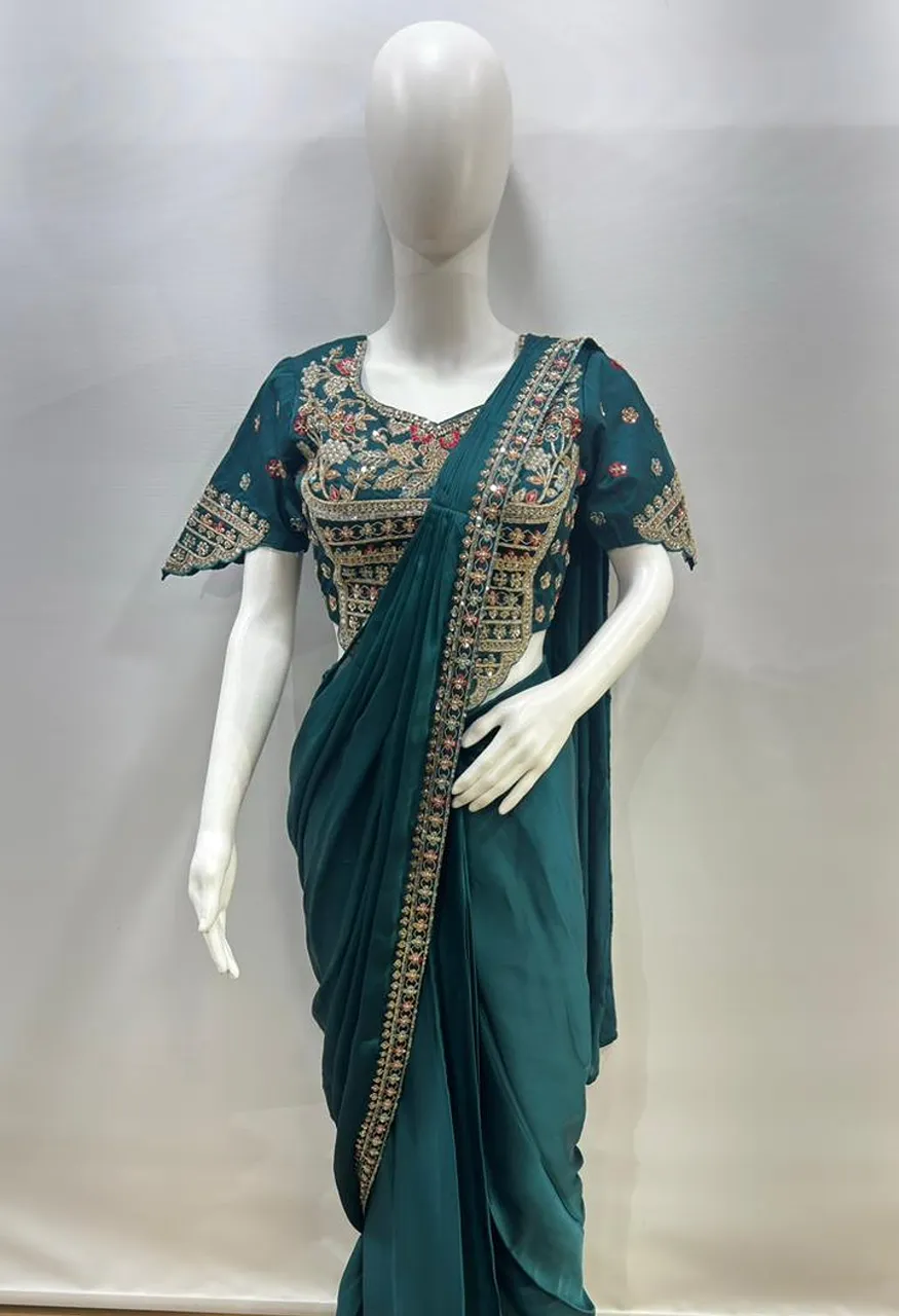Amoha A555 Ready to Wear Armani Satin Saree With Heavy Embroidery — Organza Saree, AMOHA wholesale from Surat — Photo 2