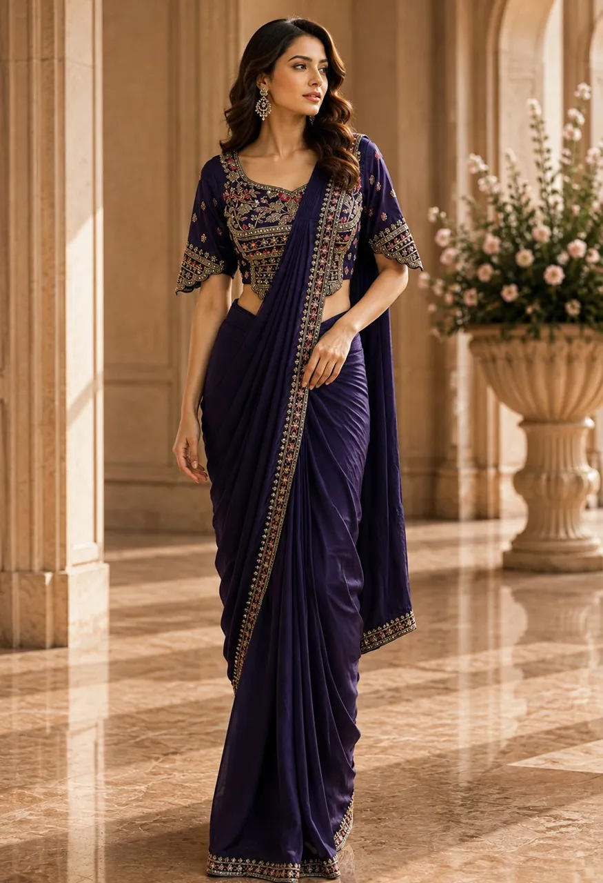 Amoha A555 Ready to Wear Armani Satin Saree With Heavy Embroidery