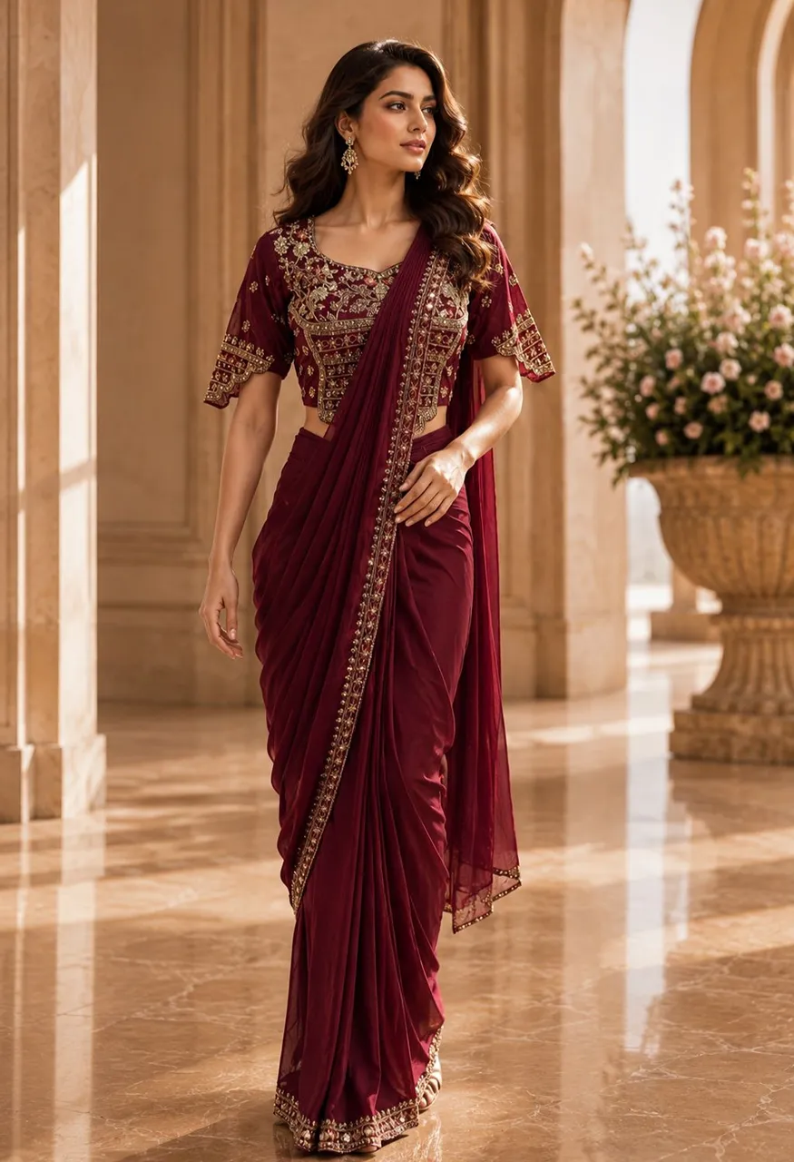 Amoha A555 Ready to Wear Armani Satin Saree With Heavy Embroidery — Organza Saree, AMOHA wholesale from Surat — Photo 3