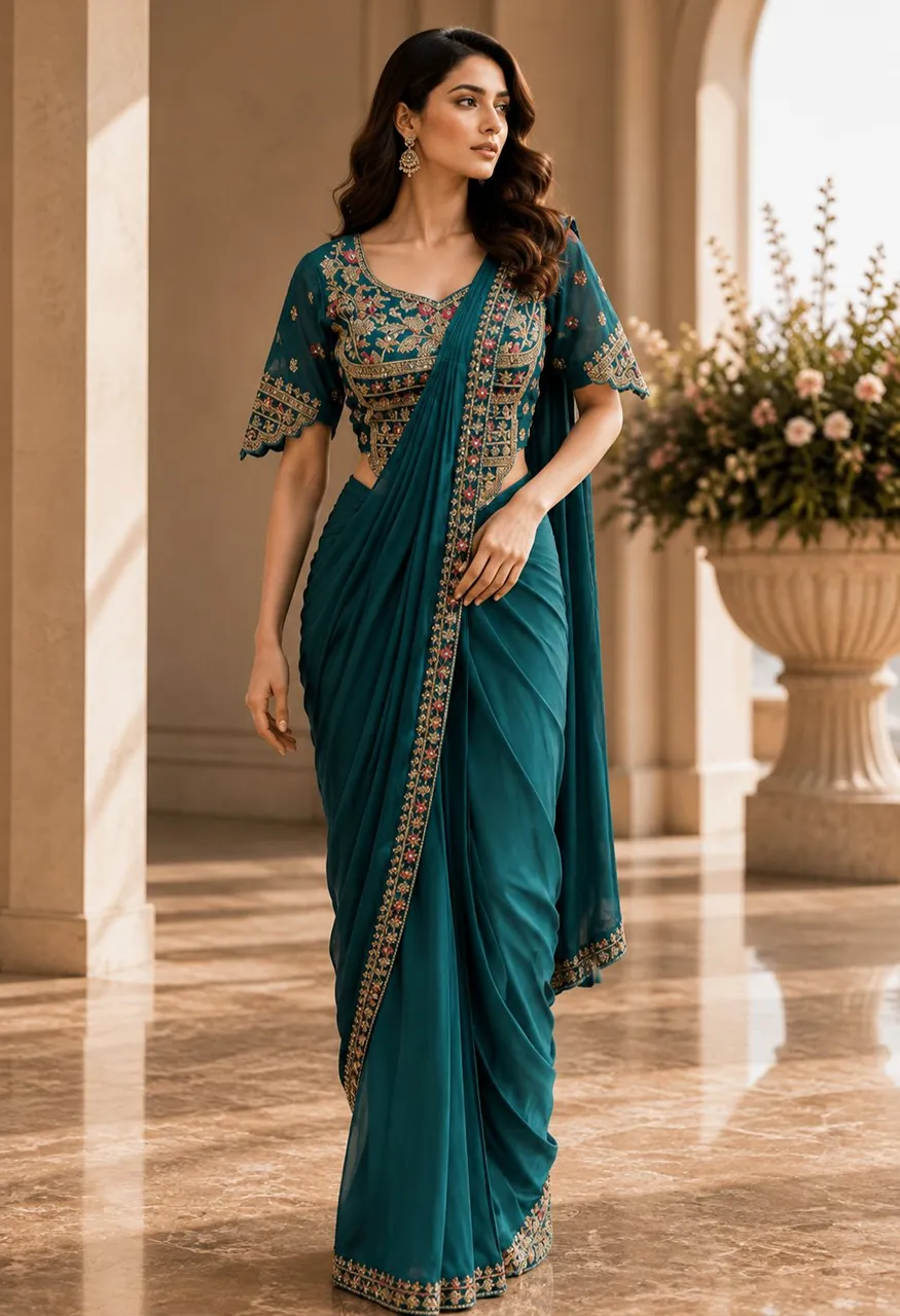 Amoha A555 Ready to Wear Armani Satin Saree With Heavy Embroidery — Organza Saree, AMOHA wholesale from Surat — Photo 4