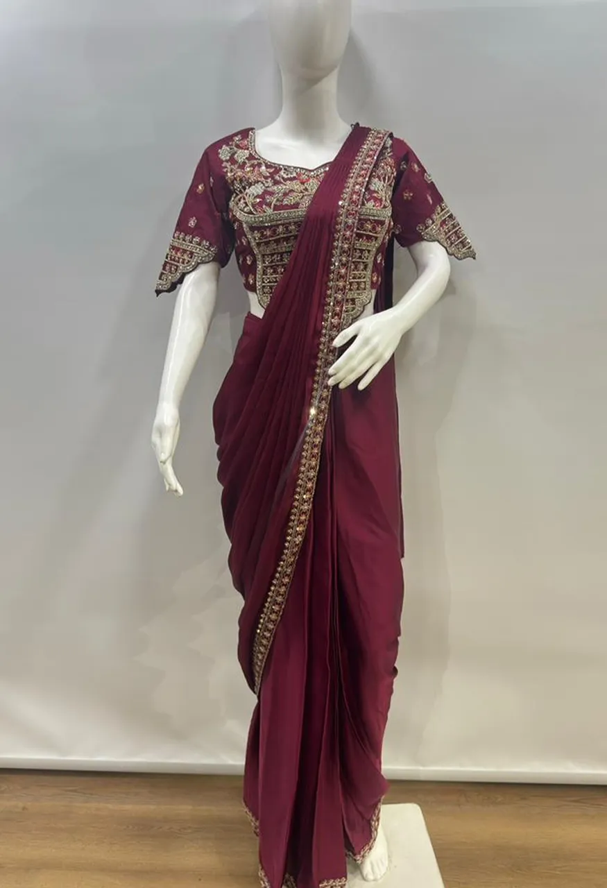 Amoha A555 Ready to Wear Armani Satin Saree With Heavy Embroidery — Organza Saree, AMOHA wholesale from Surat — Photo 5