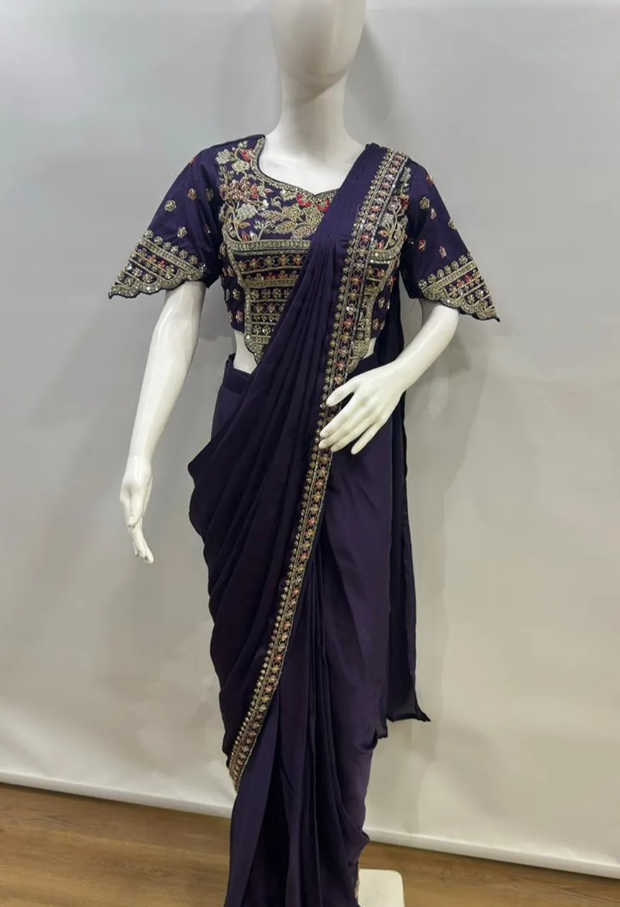 Amoha A555 Ready to Wear Armani Satin Saree With Heavy Embroidery — Organza Saree, AMOHA wholesale from Surat — Photo 6