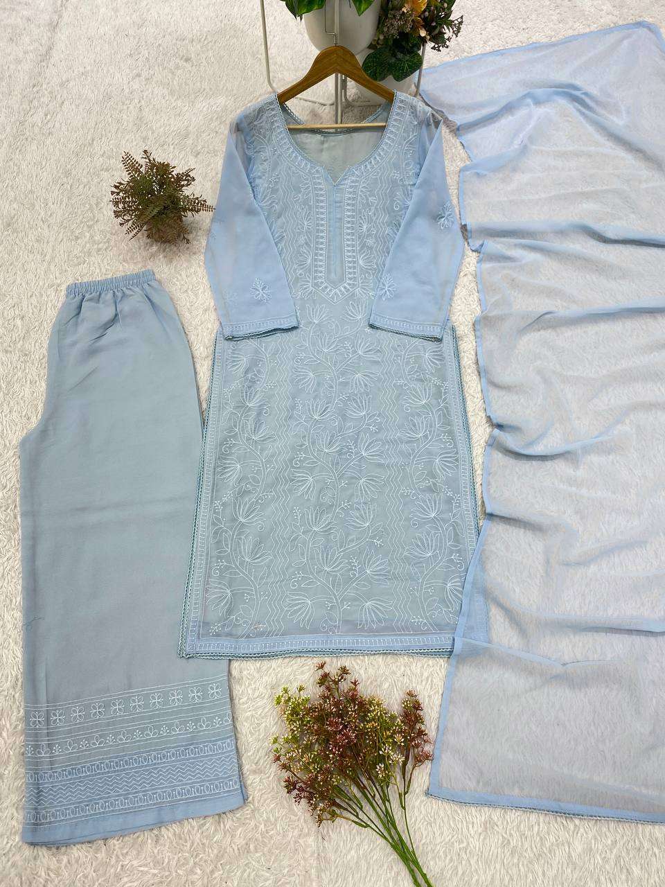 Be 499 Georgette Chikankari Embroidered Worked Top Plazzo With Dupatta Set — Wholesale Readymade Suit, Bandhani Palace wholesale from Surat — Photo 2