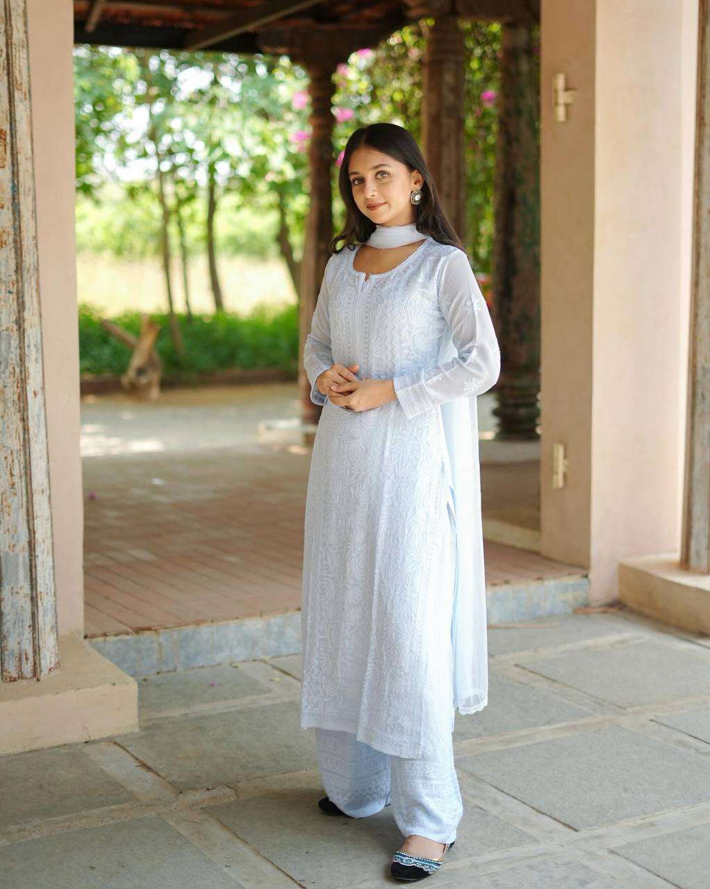 Be 499 Georgette Chikankari Embroidered Worked Top Plazzo With Dupatta Set — Wholesale Readymade Suit, Bandhani Palace wholesale from Surat — Photo 5