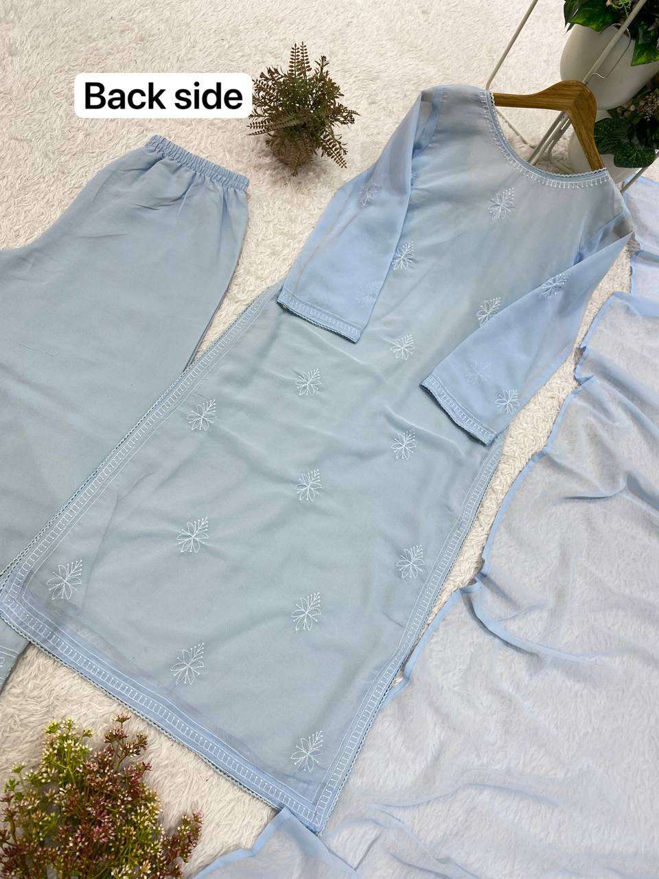 Be 499 Georgette Chikankari Embroidered Worked Top Plazzo With Dupatta Set — Wholesale Readymade Suit, Bandhani Palace wholesale from Surat — Photo 4